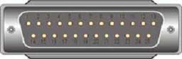 photograph of a DB-25 connector, with pins 1 to 13 in the top row and pins 14 to 25 in the bottom row