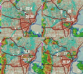 FIGURE 6.2. As in Figure 6.1, except valid times are 21:56Z (A), 22:21Z (B), 22:32Z (C), and 22:41Z (D) on 25 May 2006. Arrow denotes the location of outflow boundary.