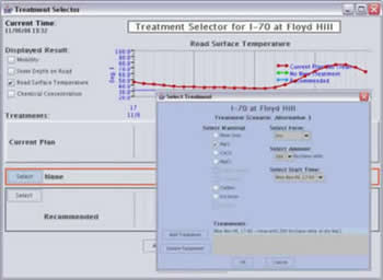 Figure 7.15. Sample image from the FHWA prototype MDSS for a plow route along Interstate 70 near Denver, CO. Winter maintenance personnel use this dialog (inset image) to enter the actual snow and ice control treatments and to explore alternative treatments. Treatment type, amount, and timing can be entered.