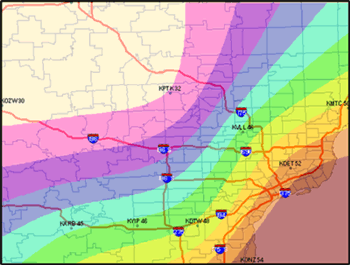 Figure 7.6 shows contour pattern constructed using a tension spline interpolation technique based on simulated temperature data from the ASOS stations in the region, which are also displayed in the image.