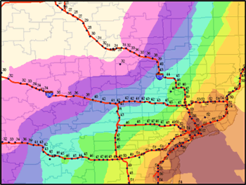 Figure 7.7 shows contour pattern produced using the same interpolation technique; however, simulated data from 165 vehicles on interstates within the domain of interest are incorporated in the analysis.