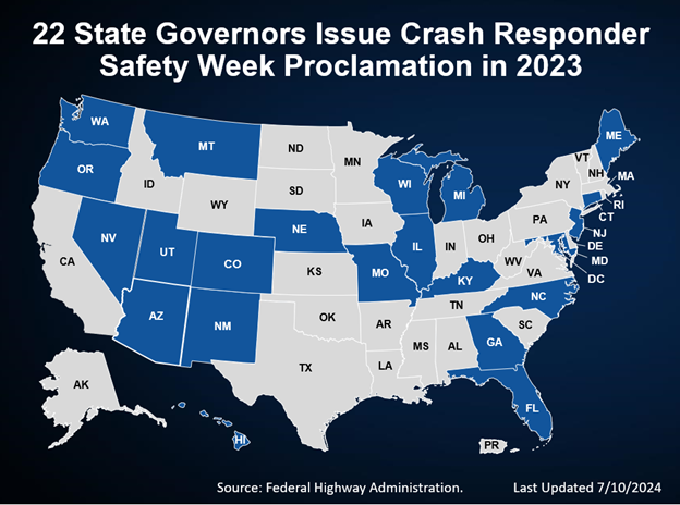 A map of the United States illustrating each state, the District of Columbia, and Puerto Rico shows 22 states in blue that had Governors that issued a CRSW 2023 Proclamation.