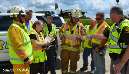 The image is provided by the Federal Highway Administration (FHWA) and it depicts a group of first responders outdoors...
