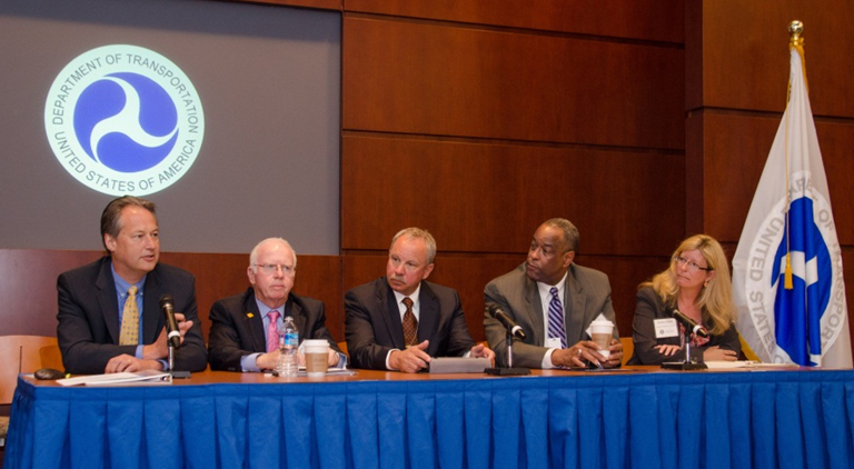 Photograph of a panel consisting of Jeff Paniati, Tony Kane, Hank Clemmenson, John Batiste, and Heather Schafer