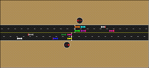 This figure shows a TRAFVU drawing of a mid-block pedestrian crossing modeled with an actuated controller.  No side streets are necessary.