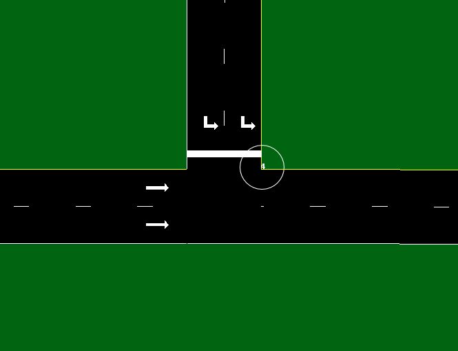 This figure shows the intersection of two one-way streets.  The one-way approach from the north intersects the eastbound one-way street in a T intersection.  In this type of intersection the links will be placed where the left curbs intersect the node location.