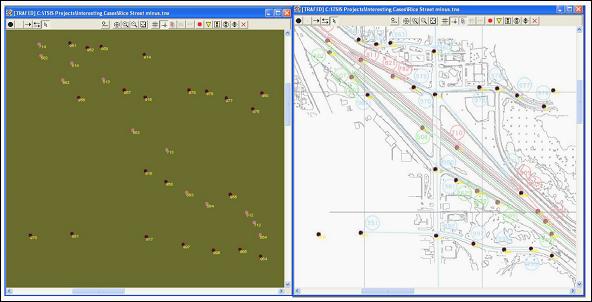 This figure shows a comparison between entering nodes in TRAFED without using a drawing and with a background image to use as an overlay.  Using a background image makes it quite clear where the roadways are.