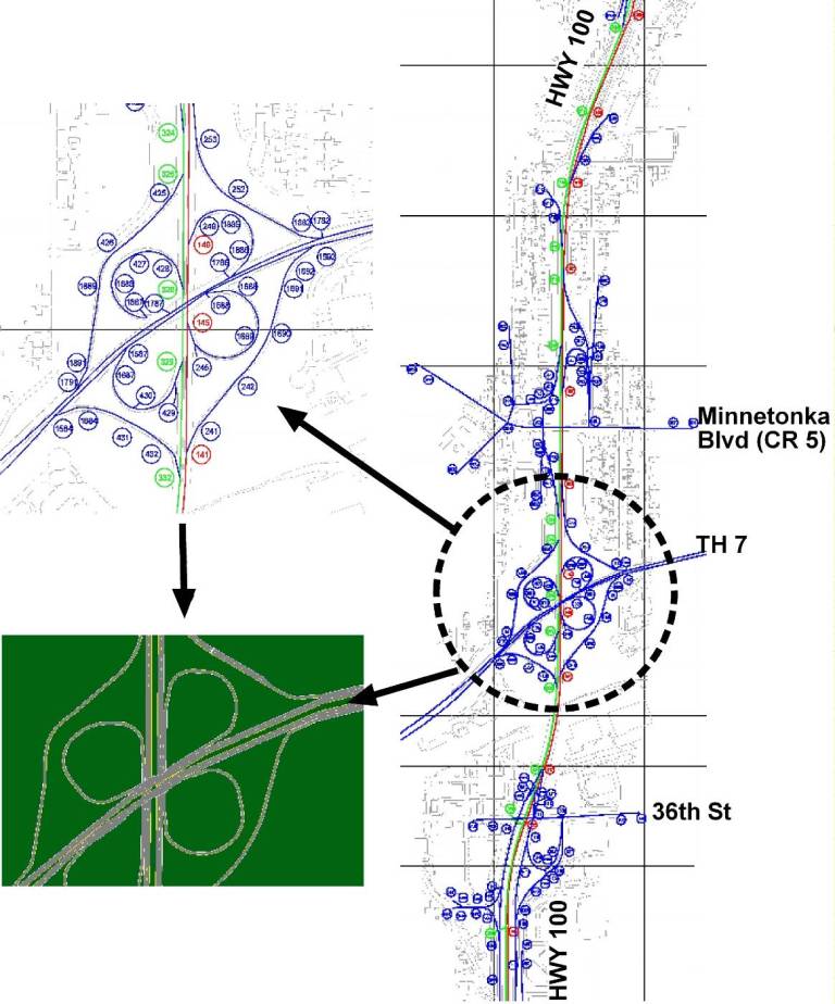 This figure is a link-node diagram of the example freeway system.  The diagram on the right shows HWY 100 running north and south.  The interchange of HWY 100 and TH7 is enlarged and shown in the upper left portion of the image.  The TRAFVU drawing of that interchange is shown in the lower left portion of the image.