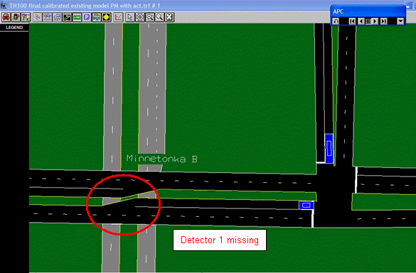 This figure shows the same intersection in TRAFVU illustrating that a detector was not coded in the model that appears on the signal plan.  Detector number 1 is missing from the TRAFVU drawing.