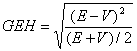 This is the equation for the GEH statistic. GEH equals the square root of E-V squared divided by the E+V divided by 2.  E equals the model estimated volume and V equals the field count.