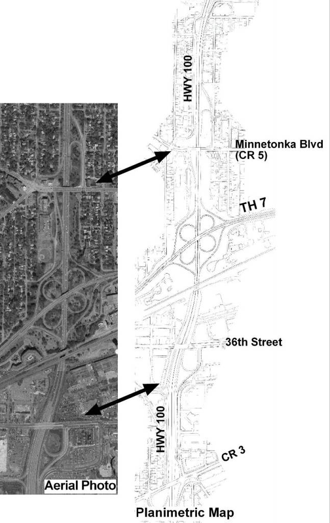 This figure is an aerial photo and CAD drawing showing the example network of HWY 100.  The CAD drawing and aerial photo show the area of the Minnetonka BLVD interchange on the north end of the image, the TH 7 cloverleaf interchange in the center of the image, and the 36th street partial cloverleaf interchange on the south end of the image.