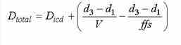 This is the formula for Total Delay from the previous diagram.  The total delay, "D" subscript "total", equals the intersection control delay, "D" subscript "icd" plus the sum of the quotient of the delay (d) subscript 3 minus the delay (d) subscript 1 divided by "V" (the normal operating speed of the vehicle before it slows down and responds to intersection control), minus the quotient of the delay (d) subscript 3 minus the delay (d) subscript 1 divided by "ffs", the normal operating speed.