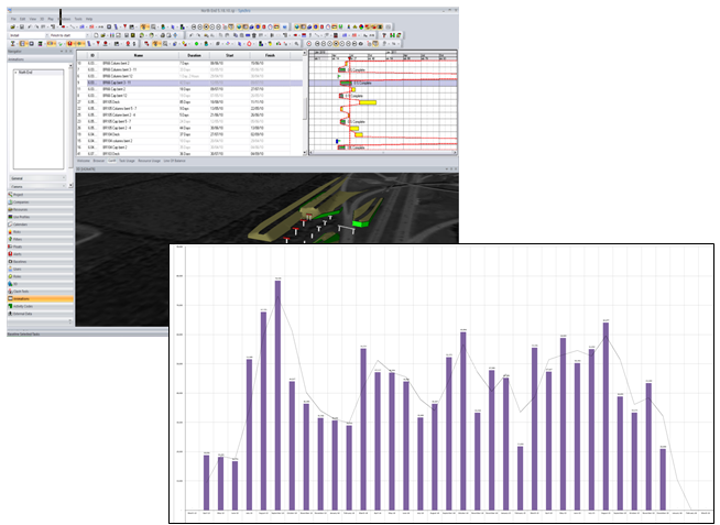 Screen captures of both a 4D model (with model and schedule) and 5D model, which includes cost.