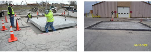 A precast slab pre- and post-installation.