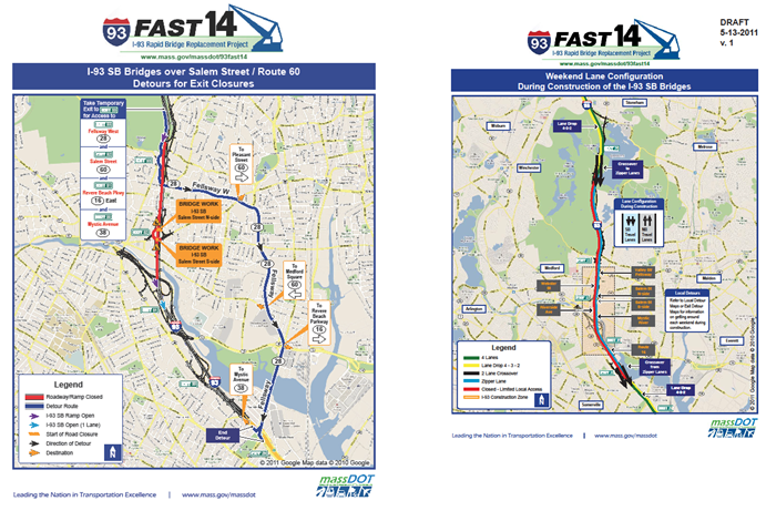 Google maps are used to depict the I-93 Bridges over Salem Street/Rte 60 detours for exit closures and the weekend lane configuration during construction of the I-93 SB bridges.