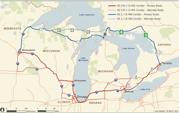 Map of the Great Lakes region from Minneapolis, MN in the west, Lake Superior in the north, Toronto in the East, and Chicago and Detroit in the South. 