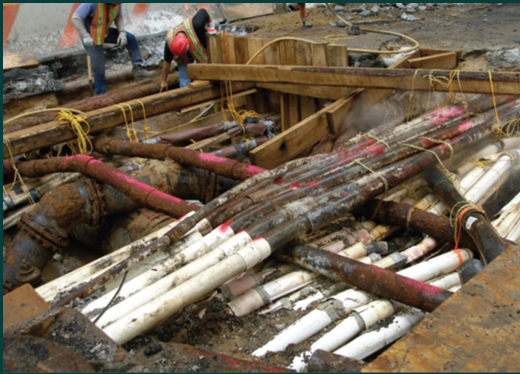 Photo of the underground pipes and wires remaining after a road surface has been taken up.