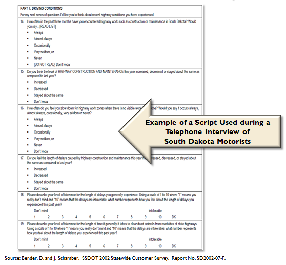 Example of a script used during a telephone interview of South Dakota motorists. Source: Bender, D. and J. Schamber.  SSDOT 2002 Statewide Customer Survey.  Report No. SD2002-07-F.  