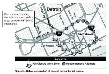 Figure 3 - Delays occurred off of one exit during the full closure. Queues formed during the full closure as travelers exited to avoid the I-75/M-10 interchange. The figure shows the same map as Figure 1 with the Lodge Freeway/I-75 interchange clearly indicated.