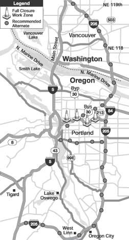 Figure 1 - Closure and recommended alternate routes 
for the I-84 project. The figure contains a map of the Portland, Oregon metropolitan area from Vancouver, Washington in the north to Oregon City in the south and from Hillsboro, Oregon in the west to Gresham, Oregon in the east. The map shows the closure of Interstate 84 between downtown Portland and Interstate 205. A row of safety cones depicts the closure. Along the Interstate 205 corridor and along Highway 26 (Powell Street), a series of gray circles depict the recommended alternate route. 