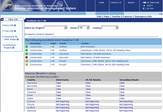 screenshot of NCDOT TIMS Web page, Route I-40