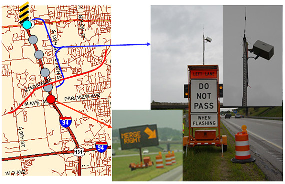 Map of U.S. 131 showing a merge-right sign followed by five flashers and "Do Not Pass When Flashing" signs