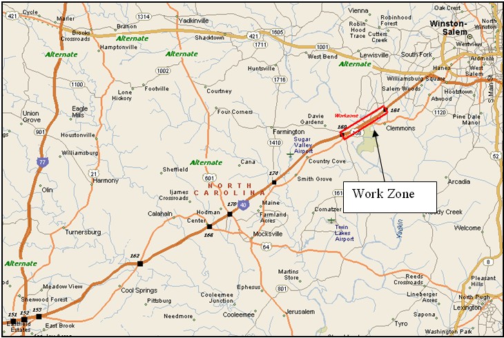 Map of the I-40 work zone area and signed alternate routes.