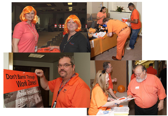 Collage depicting individuals wearing bright orange shirts, slacks, and wigs.