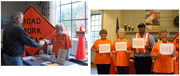 People and equipment at work zone safety educational displays.