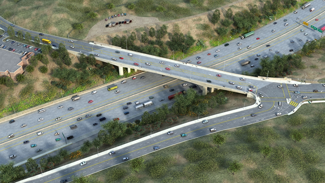 Aerial view of the completed Mulholland Bridge.