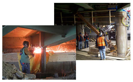 Photos of construction workers working on the underside of a bridge.