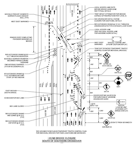 Diagram depicting the work zone plan for the I-93 NB Bridge closure south of southern crossover.