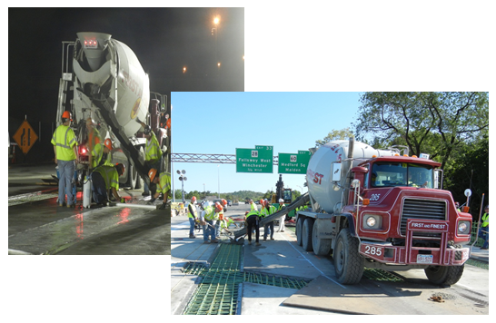 Workers pouring concrete to anchor and complete the newly placed modular units.