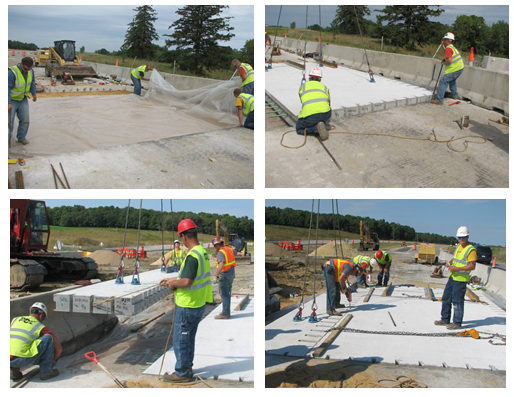 Photos of workers installing precast concrete panels.