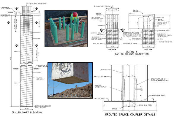 Construction schematics and photos of the bridge pier connections.