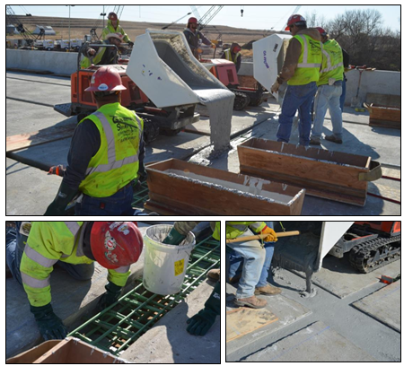 Photos of workers placing the UHPC.