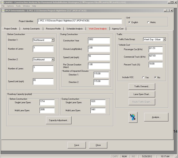 Screenshot of the work zone analysis tab in the CA4PRS program.