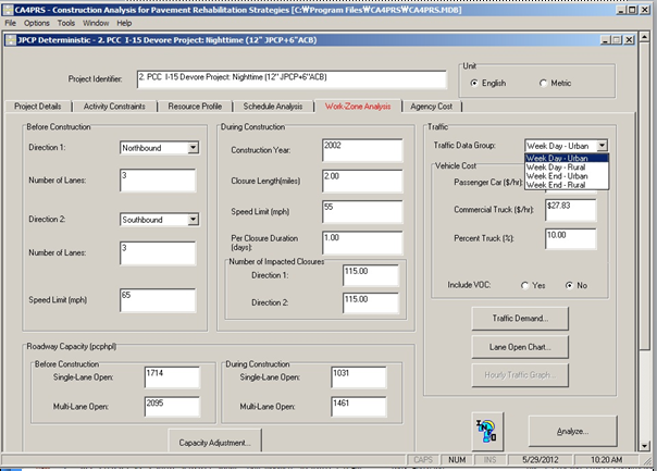 Screenshot of the work zone analysis tab in the CA4PRS program with the traffic data group dropdown activated.