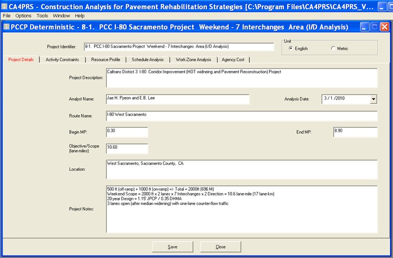 Screenshot of the CA4PRS PCCP Deterministic schedule analysis screen, which requires users inputs including construction window, curing time, section profile, working method, and lane widths.