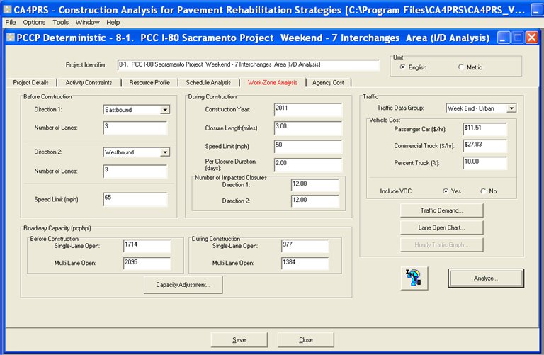 Screenshot of the CA4PRS PCCP Deterministic work zone analysis screen, which requires users inputs including before construction lanes and directions, during construction measures such as closure length and speed, roadway capacity before and after construction, and traffic elements such as vehicle cost per hour by vehicle type.