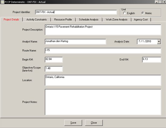 Screenshot of the PCCP Deterministic - OntFix project detail screen, which requires user inputs for project description, analyst name, route name, beginning KM, objective/scope, location, and project notes.