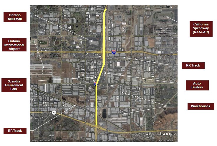 Map highlighting the I-15 project area in Ontario, CA as well as identifying local landmarks such as malls, a racetrack, an airport, and railroad tracks.