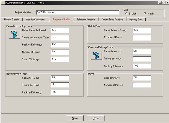 Screenshot of the PCCP Deterministic - OntFix resource profile screen, which requires user inputs for resources including demolition hauling trucks, batch plant, concrete delivery truck, base delivery truck, and paver