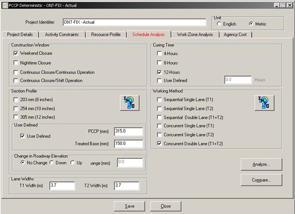 Screenshot of the PCCP Deterministic - OntFix schedule analysis screen, which requires user inputs for construction window, curing time, section profile, working method, change in roadway elevation, and lane widths.