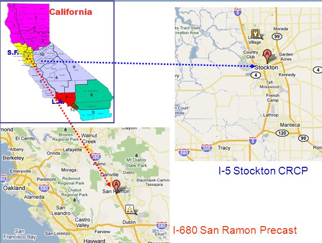 Three photos, one of the state of California, one of the area surrounding San Ramon, and one of the Stockton area. Labels indicate the I-680 San Ramon Precast project and the I-5 Stockton CRCP project.