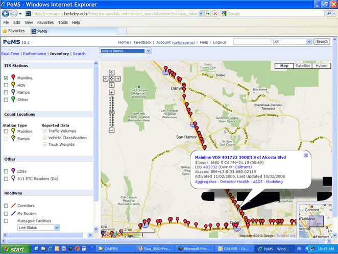 Screenshot of a PEMS display of the I-680 project area depicting the location of loop detector stations.