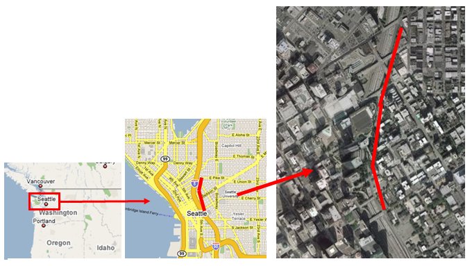 Three maps of the I-5 rehabilitation project area: macroscopic, mesoscopic, and microscopic (i.e., aerial). The mesoscopic and microscopic maps highlighted the segment of I-5 to be rehabilitated.