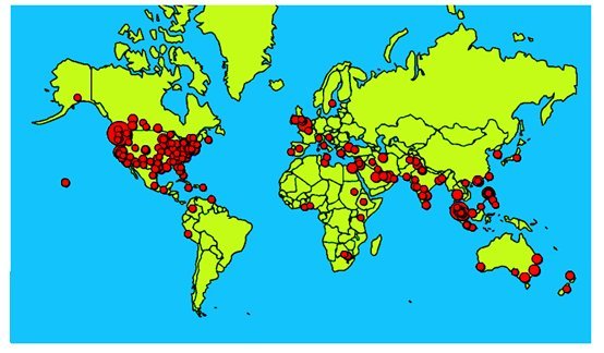 Iconic map of the world with red dots indicating the locations of users.