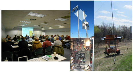 Collage of technology photos and a classroom filled with students.