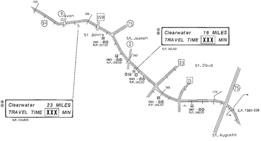 Diagram of the eastbound Intelligent Work Zone depicting the locations of dynamic travel time signs.